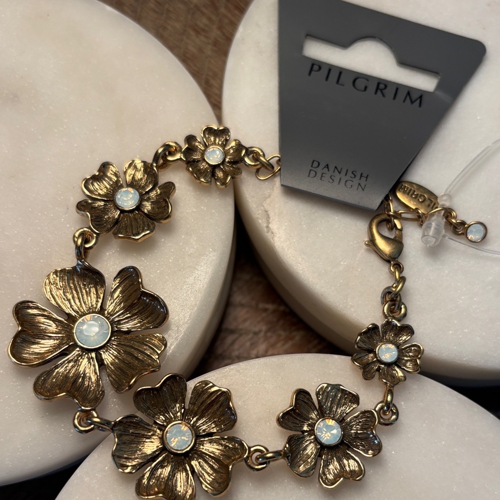 (#24) Pilgrim Gold Bracelet with White Floral Accents